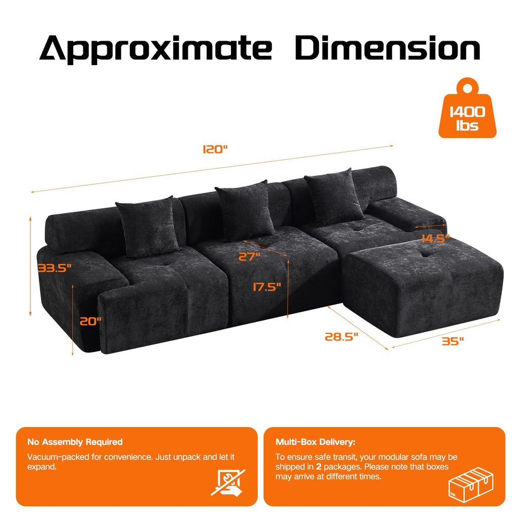 120" Cloud Couch Sectional, Boneless L-Shaped Sofa, Chenille Sofa, Black