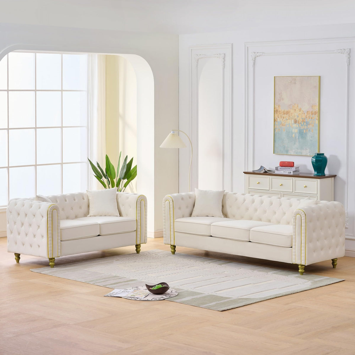 Velvet Chesterfield Sofa Set of 2, Mid Century Modern Deep Seat Loveseat + 3 Seater Couch with Golden Legs and Button Tufted, Upholstered Comfy Sofa with 2 Pillows for Living Room, Black Gold