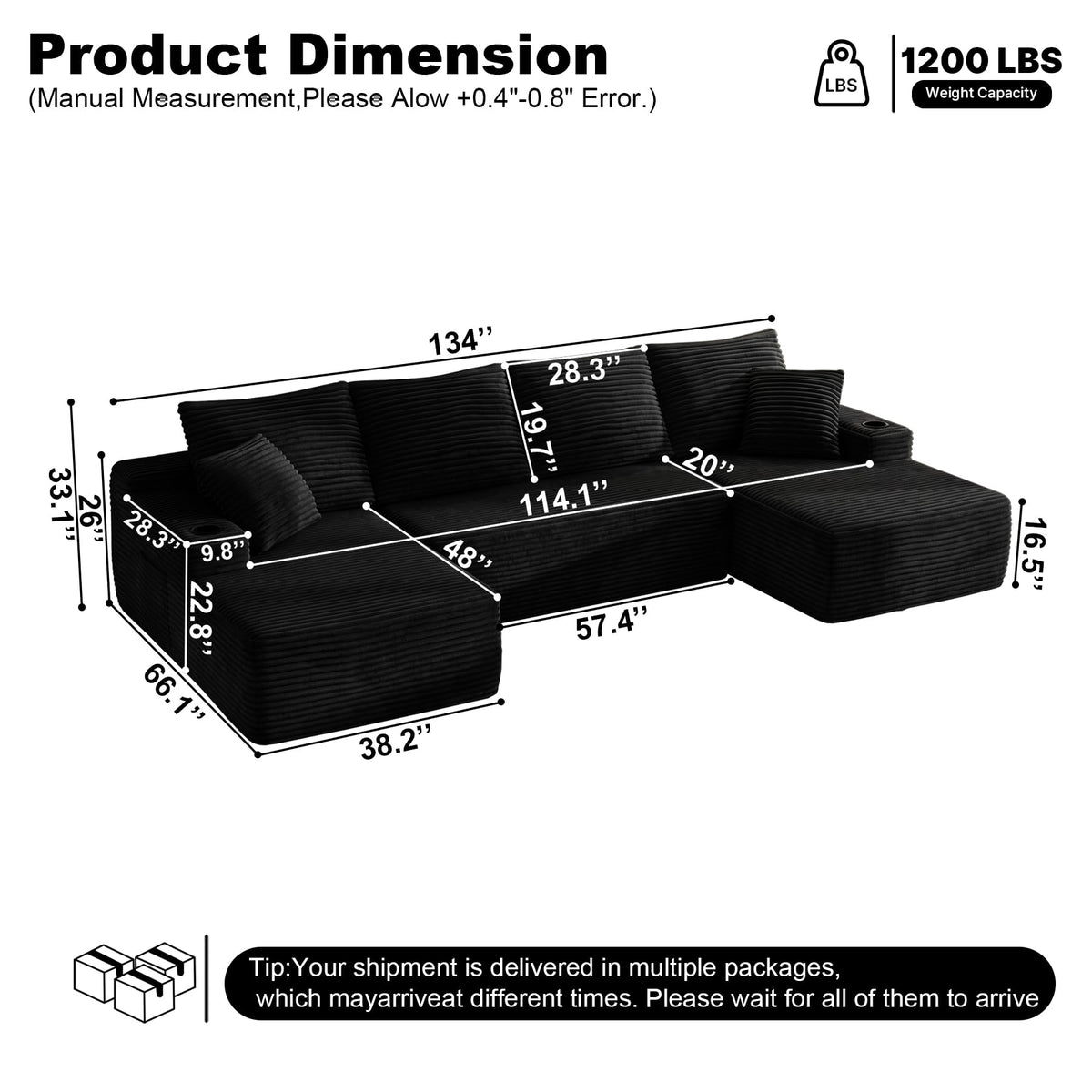 133" Oversized U Shaped Modular Sectional Sofa with Double Chaise, Black