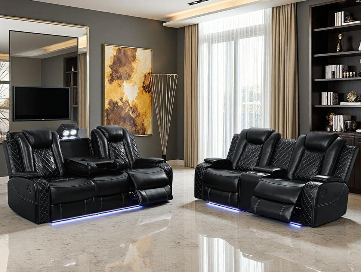 Power Recliner Sofa Set with LED Light, Black Leather Sectional Sofa and Chair Set, Living Room Furniture Sets, Modern Power Reclining Sets with Storage Console for House