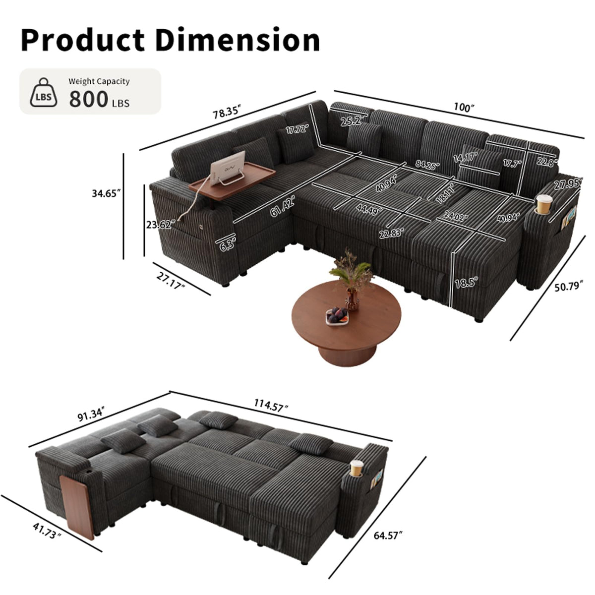 100" Gray Modular Sectional Sleeper Sofa with Pull Out Bed