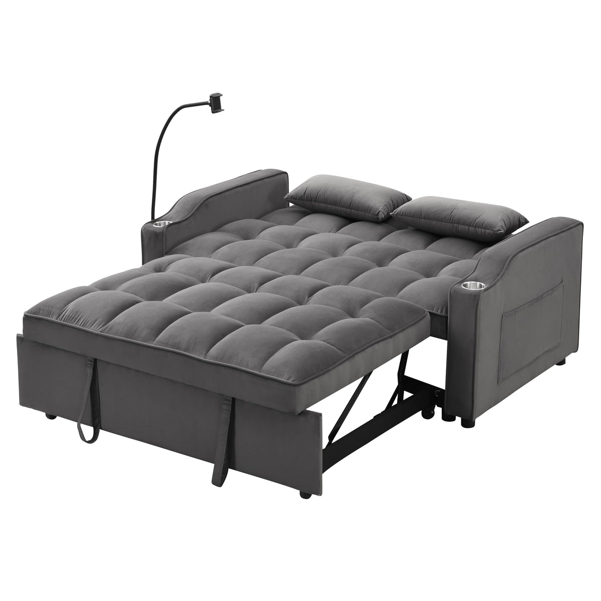 Tidyard Sofa Bed with Trundle, Dark Grey, Convertible Sleeper Couch with USB Ports & Phone Holder, 3-Position Reclining, Includes 2 Pillows, Easy Assembly