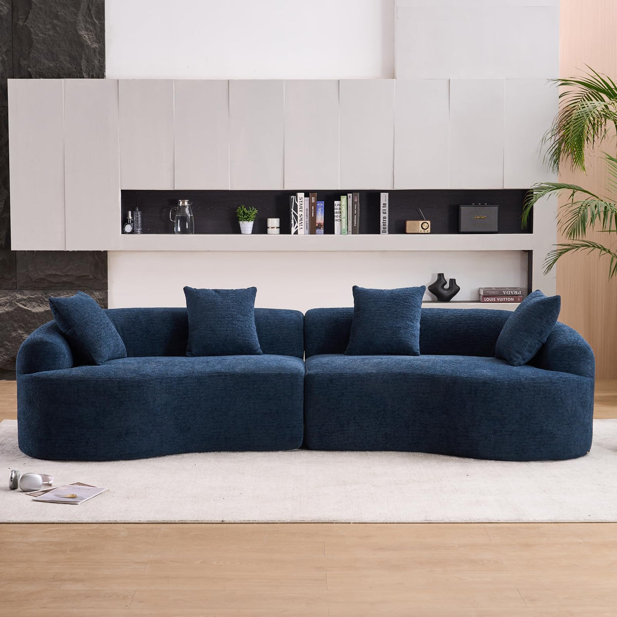 110" Sectional Sofa Round Curved Couch, Modern 4 Seat Sofa with Wood Grain Chenille Fabric, Comfy Deep Seat Sponge Couch with 4 Pillows for Living Room, White