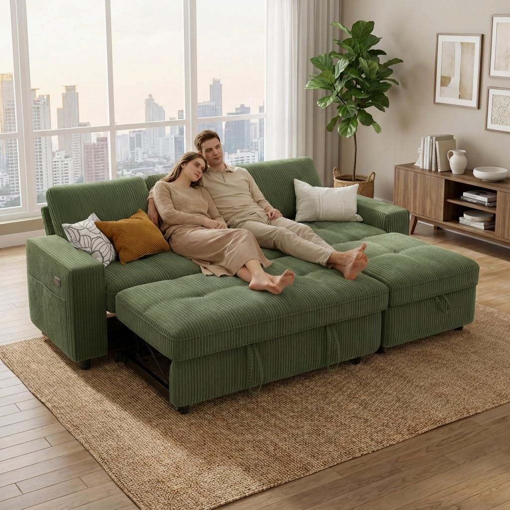 WEUP 105" Sectional Sofa with Pull Out Bed, U Shaped 4 Seat Sleeper Sofa with 2 Storages, Adjustable Backrest, USB Ports, Tool-Free Assembly, Plush Corduroy Sectional Couches for Living Room, Beige