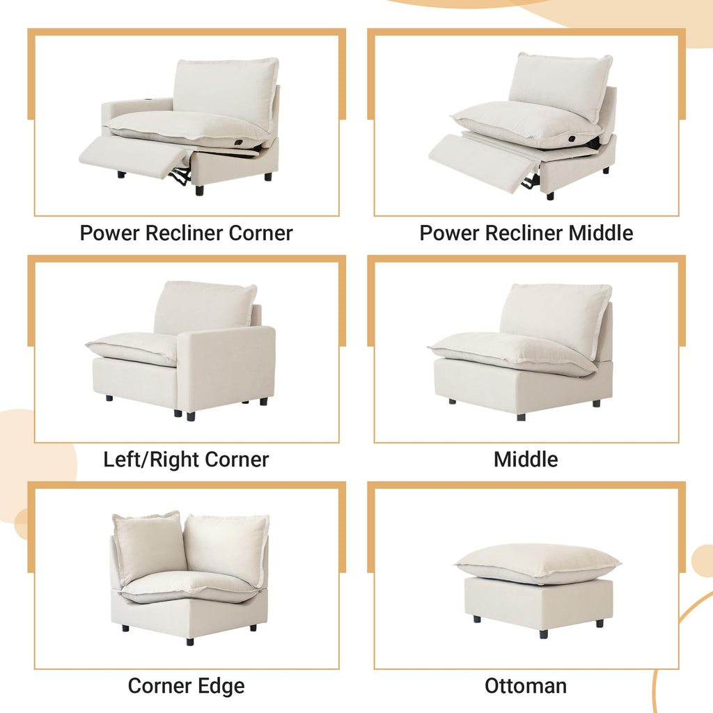 WJShome 116''Oversized Cloud Couch Modular Sectional Reclining Couches for Living Room, Reclining Couch with USB/Type C and Wireless Charging, 3 Seat with Power Recliner Sofa, Beige