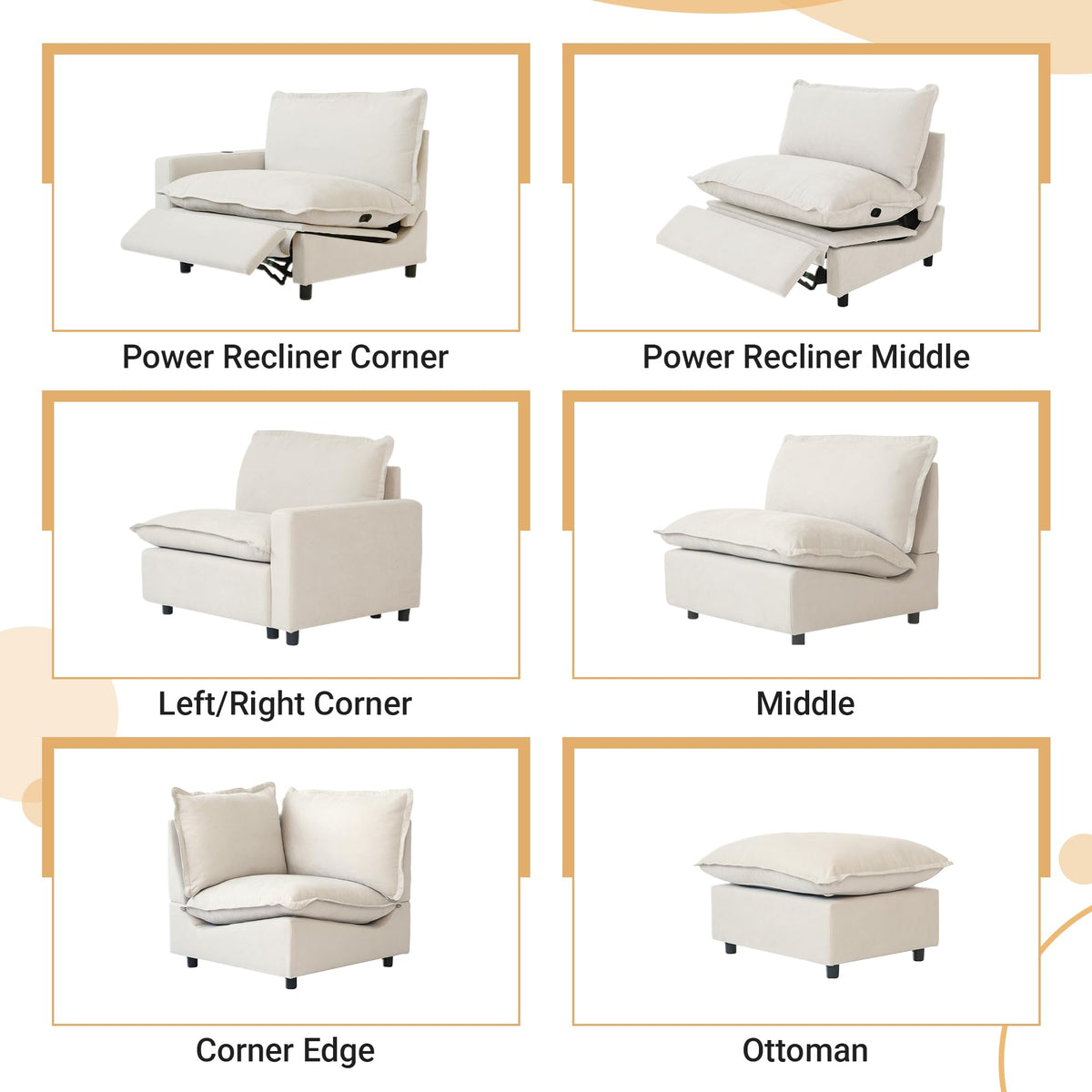 WJShome 116''Oversized Cloud Couch Modular Sectional Reclining Couches for Living Room, Reclining Couch with USB/Type C and Wireless Charging, 3 Seat with Power Recliner Sofa, Beige