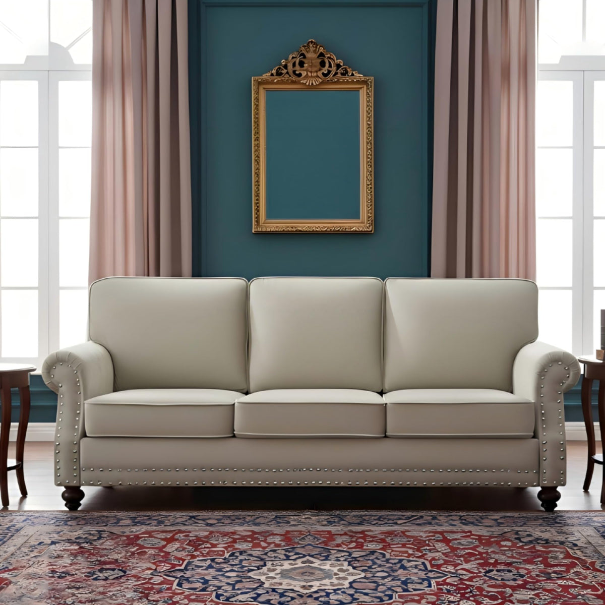 Velvet Sofa Seating with Rolled Arms and Nailhead Trim, Upholstered Living Room Couch, Loveseat or Accent Armchair with Loose Back Cushions, High Density Foam Seats (Green,Couch)