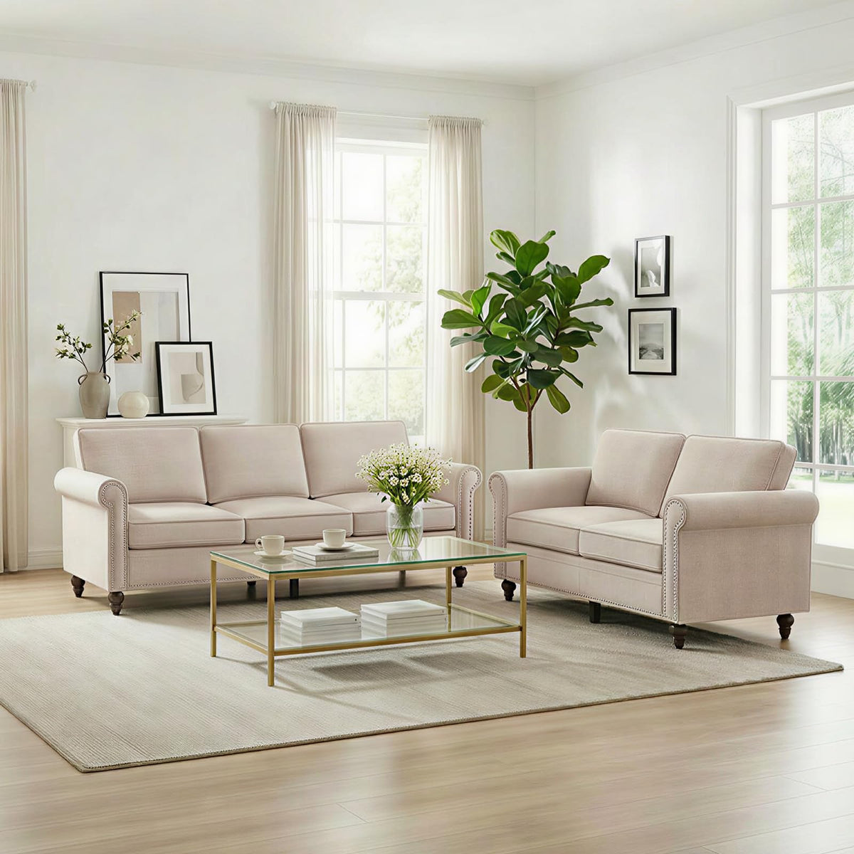 Living Room Sofa Sets 3 Piece, Modern 3 Seater Sofa and Loveseat Couch and Armchair Sets, Linen Fabric 3-Seat + 2-Seat Couch+ Single Accent Chair Furniture Sets