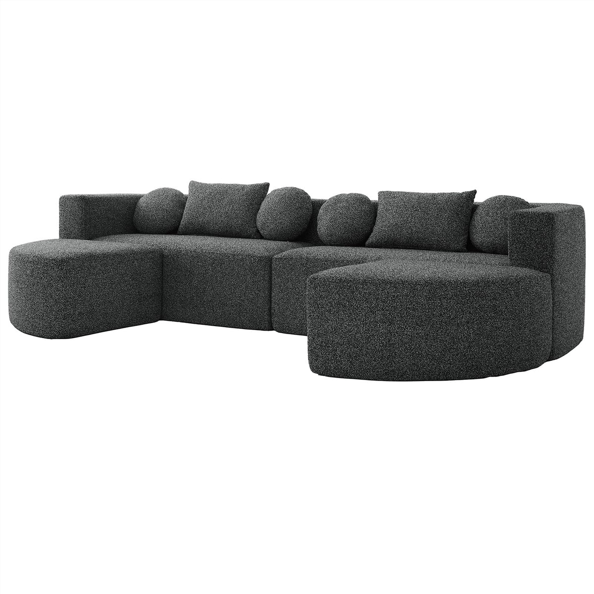 114.9" Modular Sectional Sofa with 4 Round Throw Pillows and 2 Bolster-Style Cushions Free-Combined Curved Design Boneless Bed Couch with Deep Seating for Living Room, Black