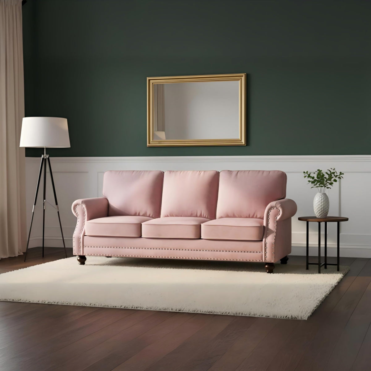Velvet Sofa Seating with Rolled Arms and Nailhead Trim, Upholstered Living Room Couch, Loveseat or Accent Armchair with Loose Back Cushions, High Density Foam Seats (Green,Couch)
