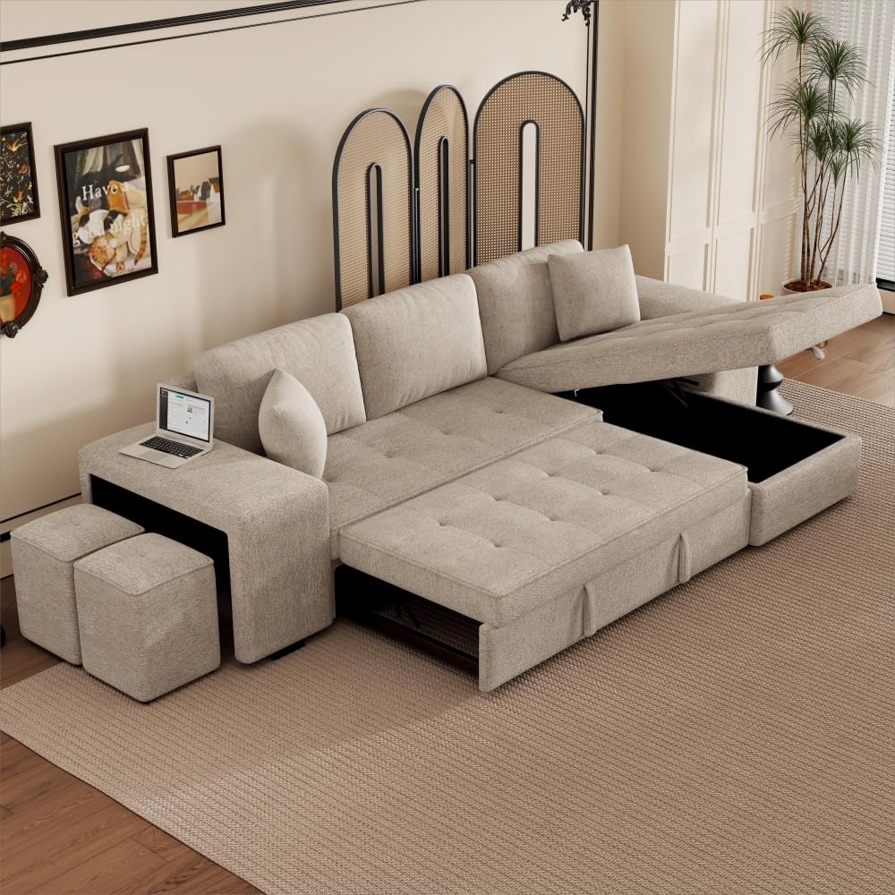 104.5 Inch Modern L-Shaped Reversible Sectional Sofa with Storage Chaise Lounge and Sleeper Bed Function for Living Room (Cream + Chenille + 3 Seat + Foam)