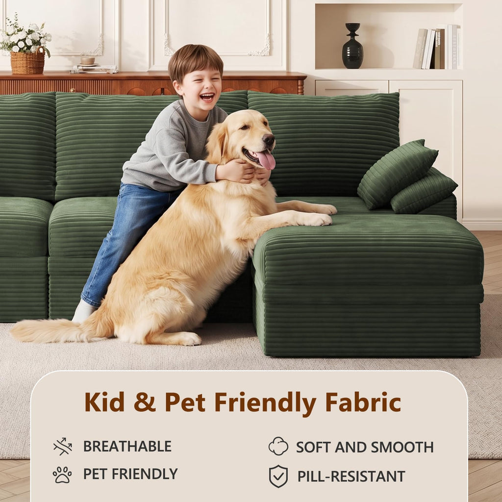 107" Modular Sectional Sofa Boneless Couch with Storage,U-Shape 3 Seat Comfy Modern Cloud Couch Sofa with Ottoman, 27" Deep Seat Corduroy Sofa for Living Room, Tool-Free Assembly - Green