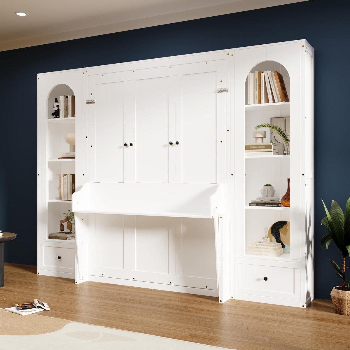Twin Size Murphy Bed with Open Shelving, Sofa Front and Printed Panel