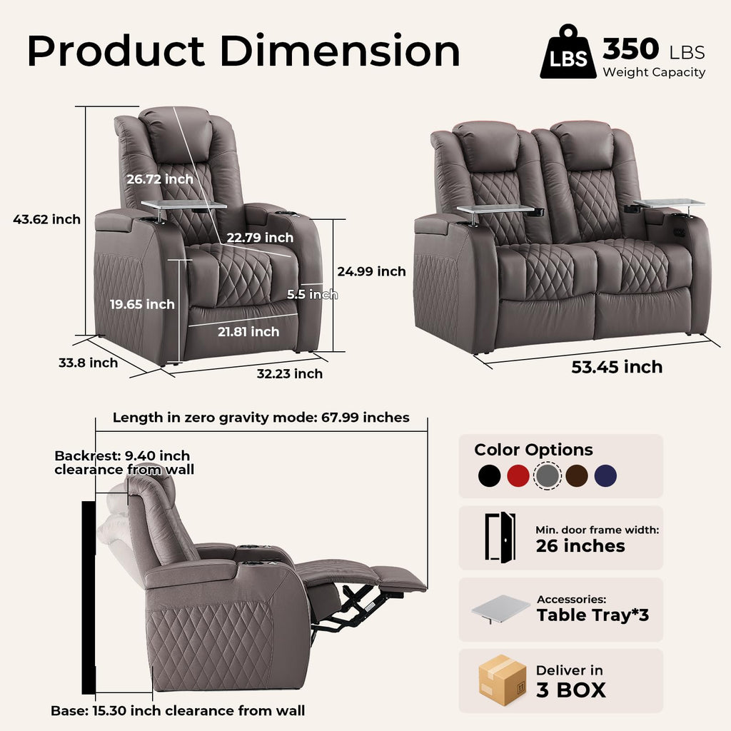 Weilianda Power Reclining Sofa for Living Room, Grey