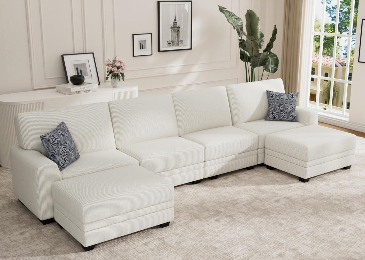 Wanderwell Oversized Modular Sectional Sofa, 6-Seater U Shaped Couches with Movable Ottoman,Corduroy Sectional Couch with Wide and Deep Seats Suitable for Living Room,Bedroom,Apartment (Olive, L-7)