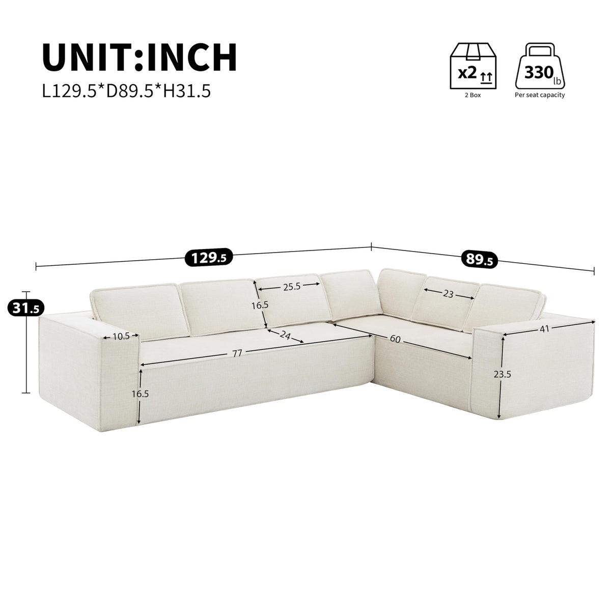 130" Ultra-Thick Chenille Modern Minimalist Style Modular Sectional Couch, Convertible Modular Cloud Sleeper Sofag, Modern Boneless Compressed Floor Sectional Sofa for Living Room, Beige
