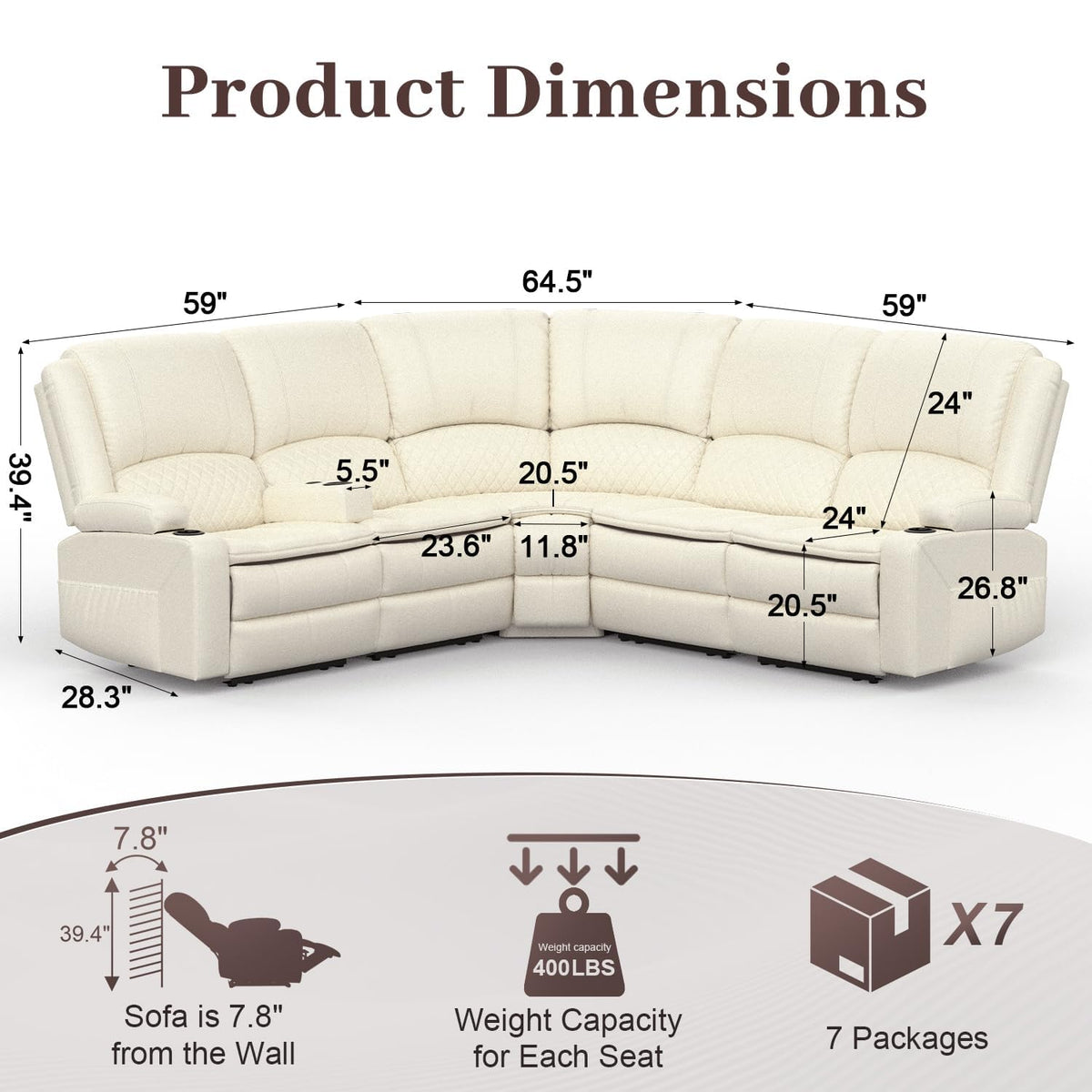 Upgraded 5 Seater Reclining Sofa Set, Modern Living Room Couch (Pu,White)