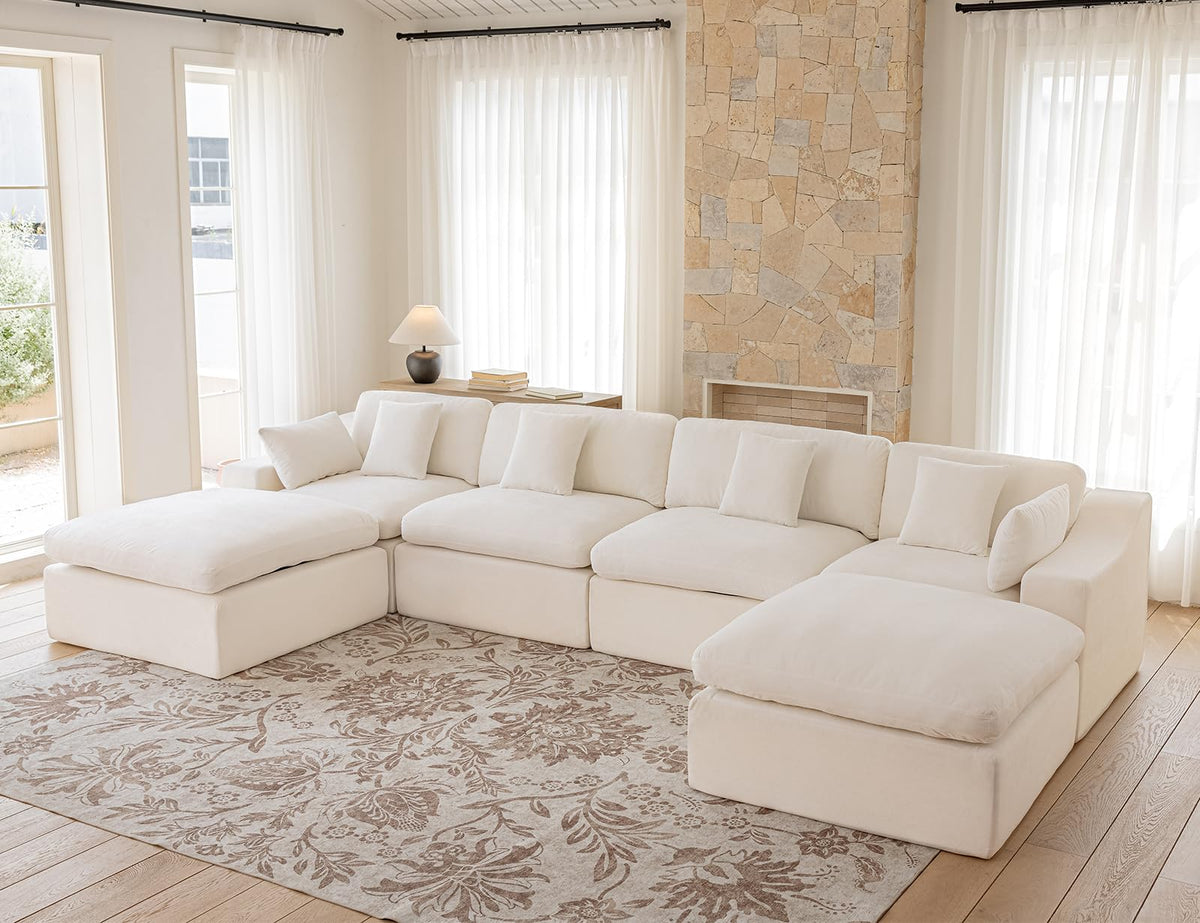 120" Cloud Sectional Couches -Oversized Modern Modular Sofa with Curved Handrail, Convertible L-Shape Couch with Ottoman,4 Chenille Seater Modular Sectional Sofa for Living Room,White