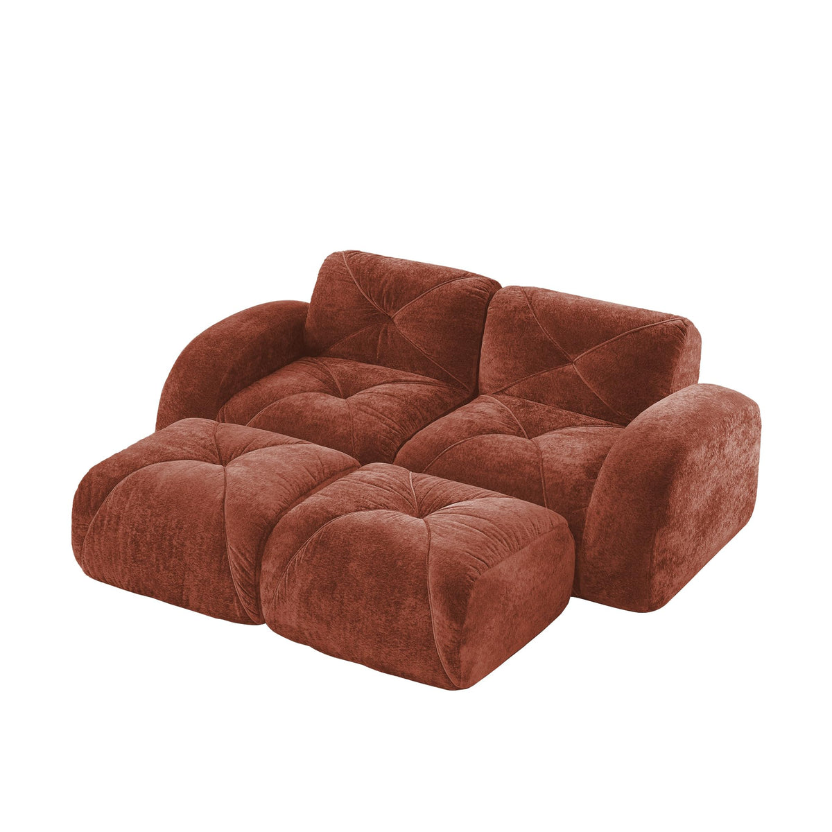 U-Shaped Sectional Sofa with 2 Movable Ottomans, 2-Seater Tufted Velvet Couch, Boneless Cloud Design, 32D High-Density Foam, No Assembly Required, Anti-Slip Bottom for Living Room Bedroom, Red Brown
