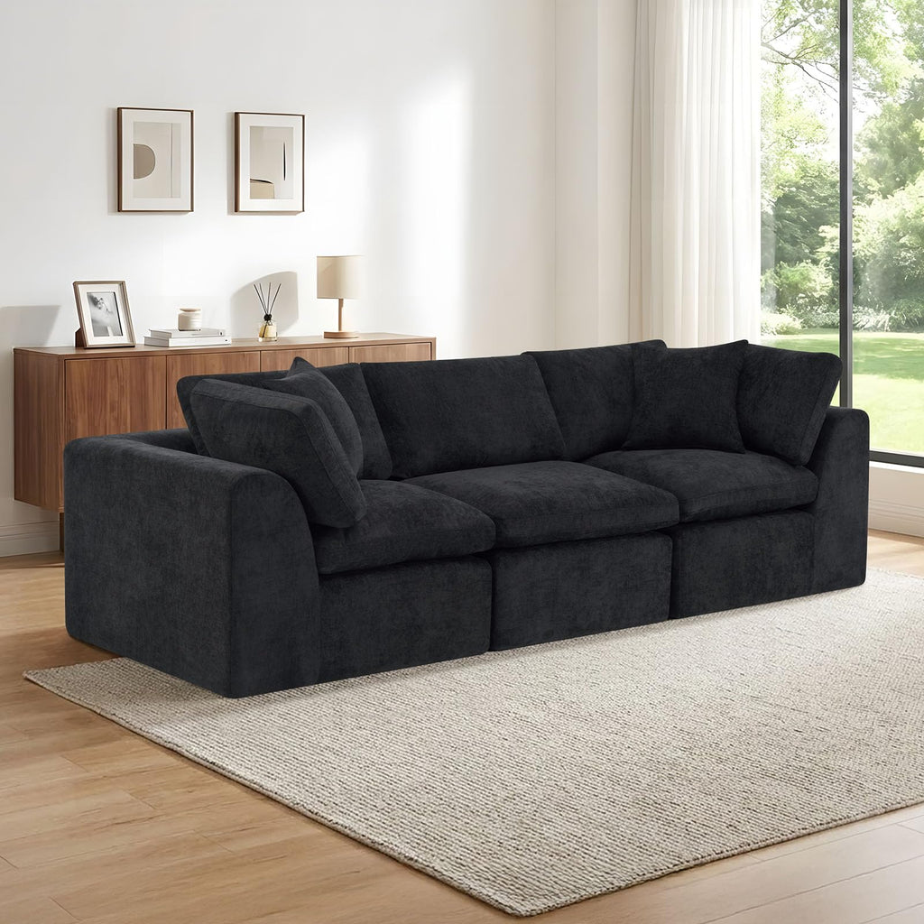 110" Beige Boneless Sectional Couch with Ottoman