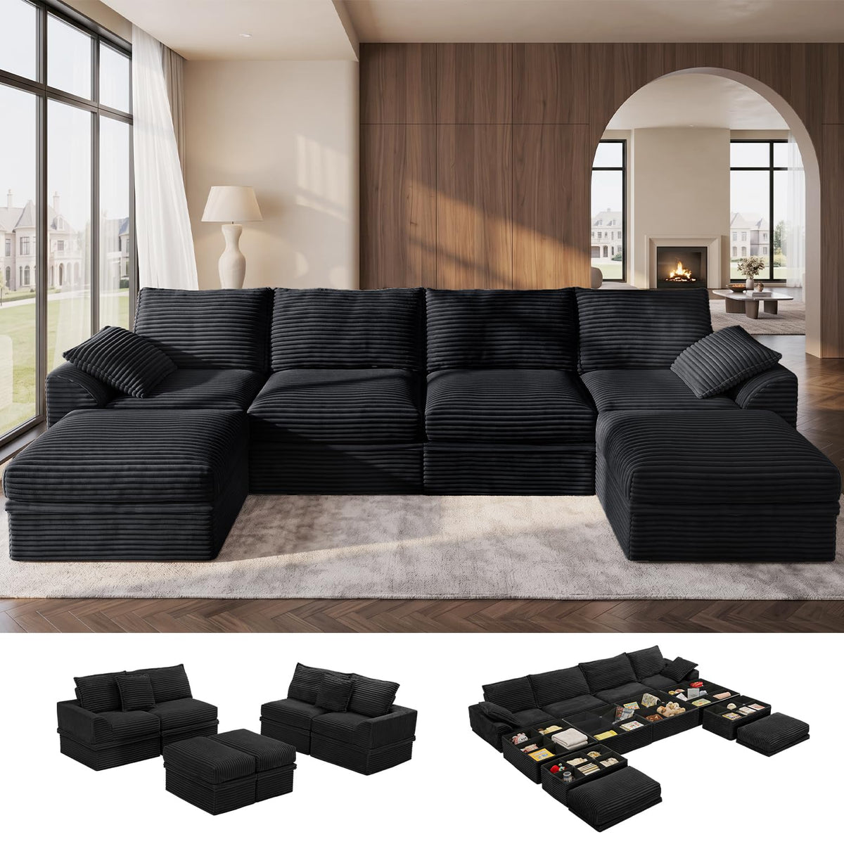 Upgraded Boneless Couch with Storage, 107" Modular Sectional Sofa Couches for Living Room, Extra Deep&High 3 Seater U-Shaped Boneless Sofa with Ottoman, Tool-Free Assembly, Black