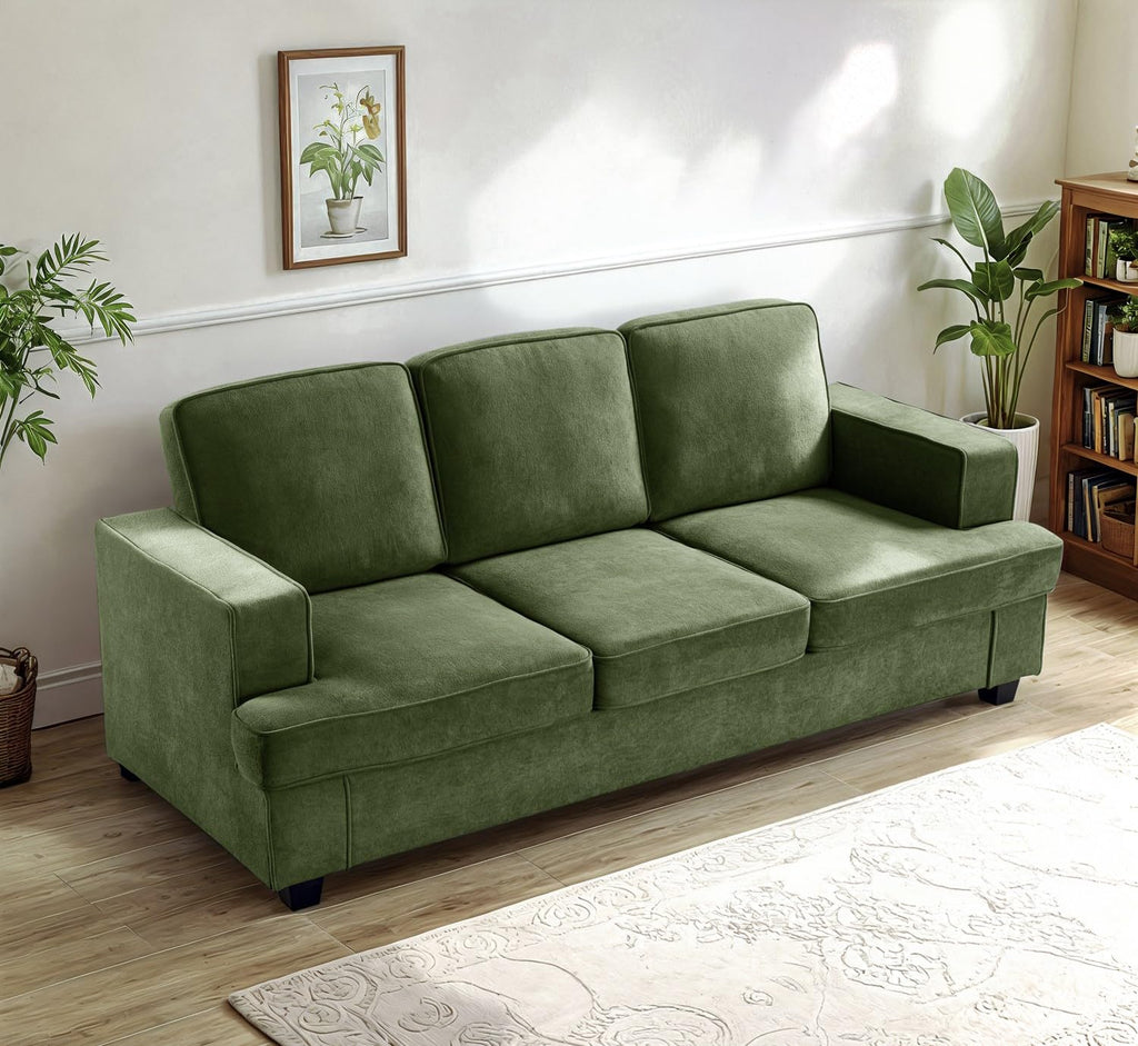 Velvet Sofa, Comfortable 3 Seater Couch with Deep Seating and High Density Foam, Loose Back Cushions, Wide Arms, Livingfor Home, Apartment, Office, Green