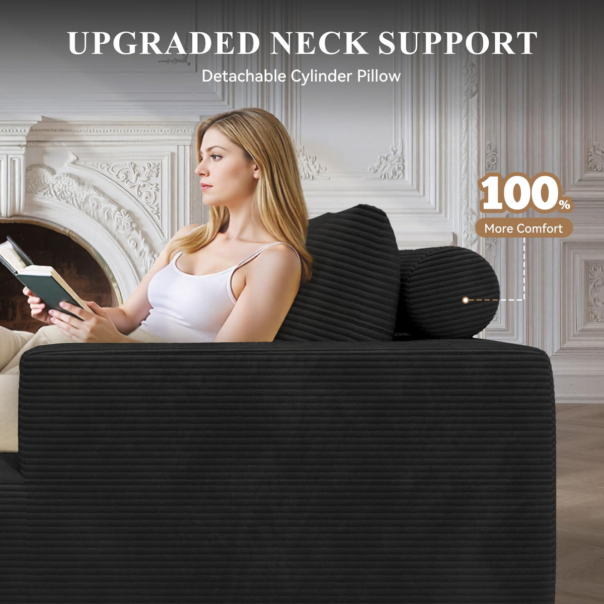 134" Boneless Couches for Living Room,Large U-Shaped Modular Sectional Sofa with Convertible Ottoman,Modern Cozy Cloud Couch in a Box,Sponge Compression Deep Seat Sofas with Chaise,Black