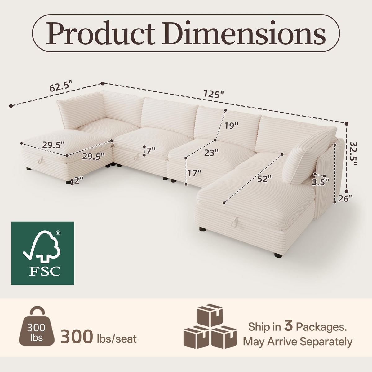 125" Modular Sectional Sofa with Under-Seat Storage, 6-Seater, White