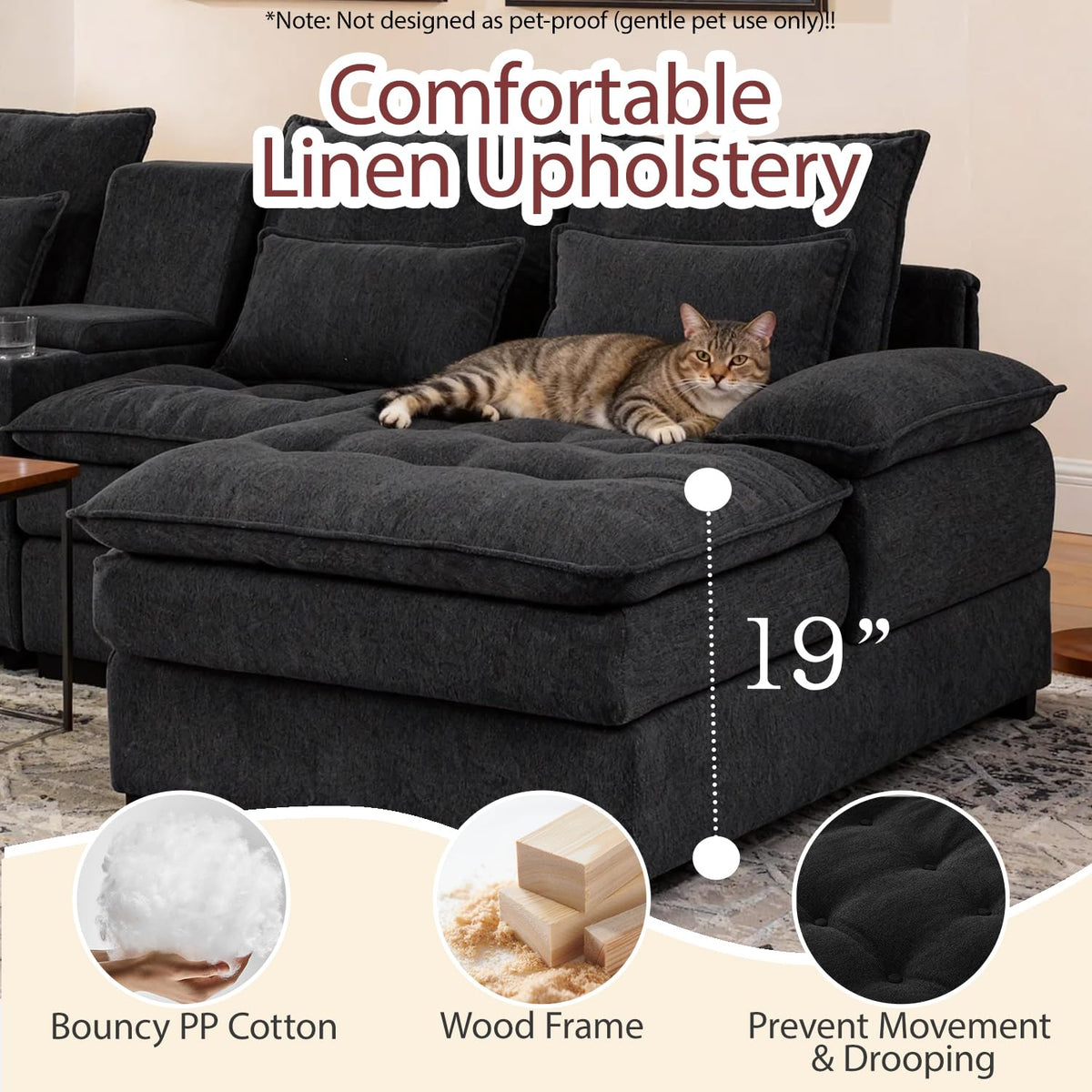 130" U-Shaped Modular Sectional Sofa, Oversized Cloud Couches with Storage Console & Cup Holders, Linen Sofa with Chaise/Pillows, 6-Seater Deep Seat Couches for Living Room (Black)