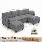 108" Modular Sectional Sofa Cloud Couch - U Shape Sofa with Charging Station Side Storage - Chenille Comfy Couches with Ottoman Movable for Living Room Bedroom Apartment Office, Dark Grey