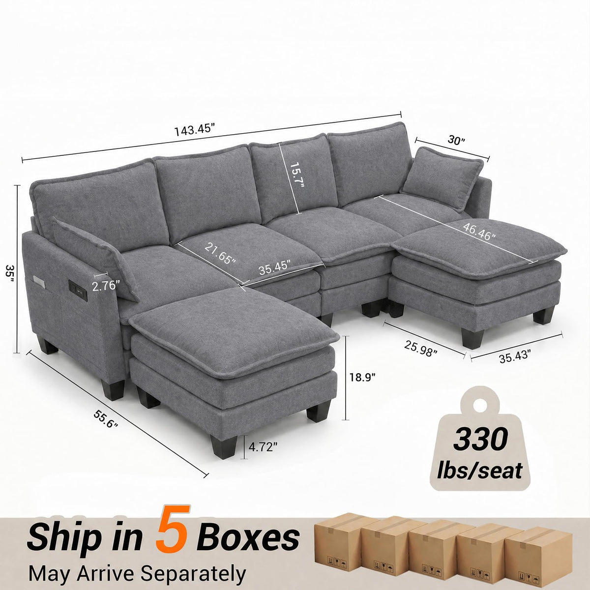 108" Modular Sectional Sofa Cloud Couch - U Shape Sofa with Charging Station Side Storage - Chenille Comfy Couches with Ottoman Movable for Living Room Bedroom Apartment Office, Dark Grey