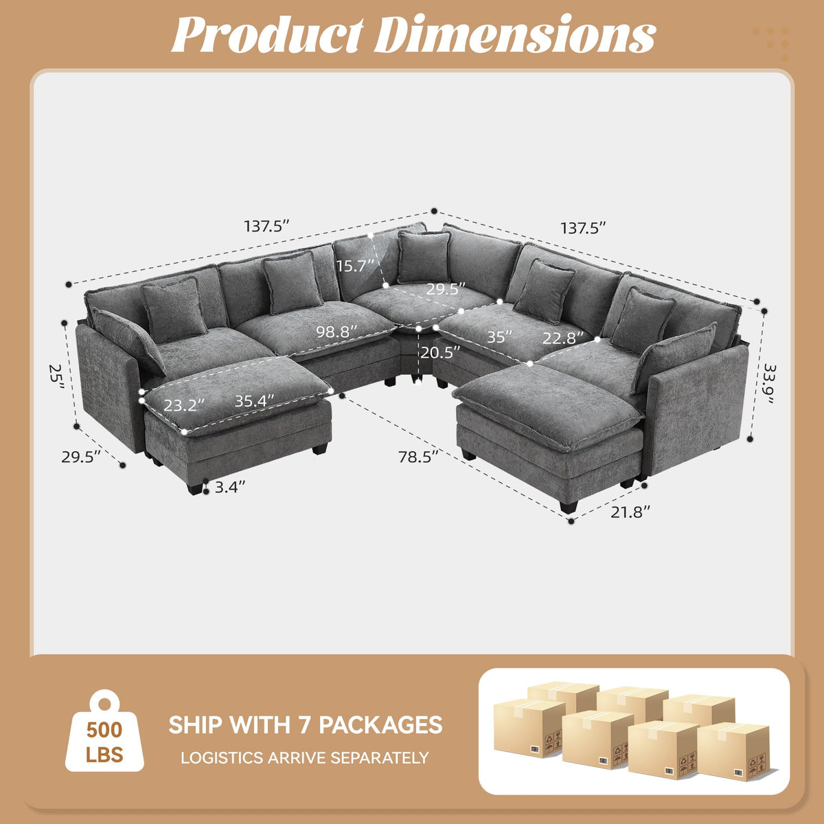 113" V-Shaped Cloud Couch, Modular Sectional for Living Room, Light Grey