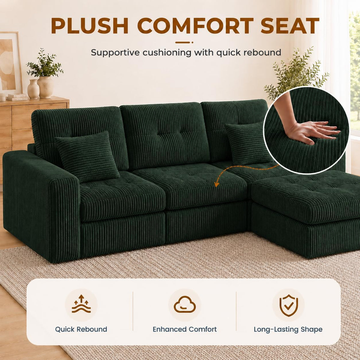 113.4 in Modular Corduroy Sectional Sofa, Green