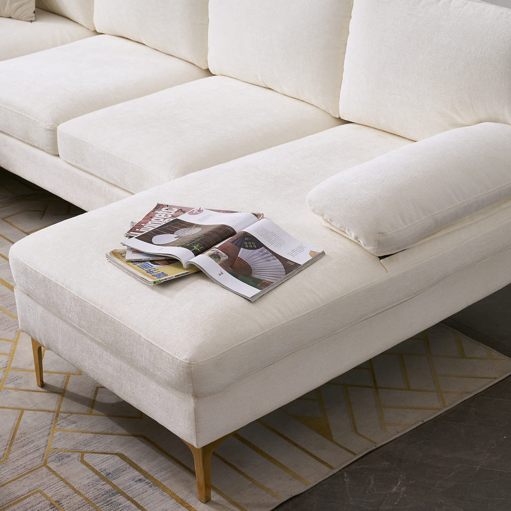 U-Shaped Sectional Sofa with Double Chaise, 113" Modern Modular 4-Seat Chenille Fabric Couch for Living Room, Comfortable Large Sofa with Gold-Plated Legs & Back Pillows, Creamy-White