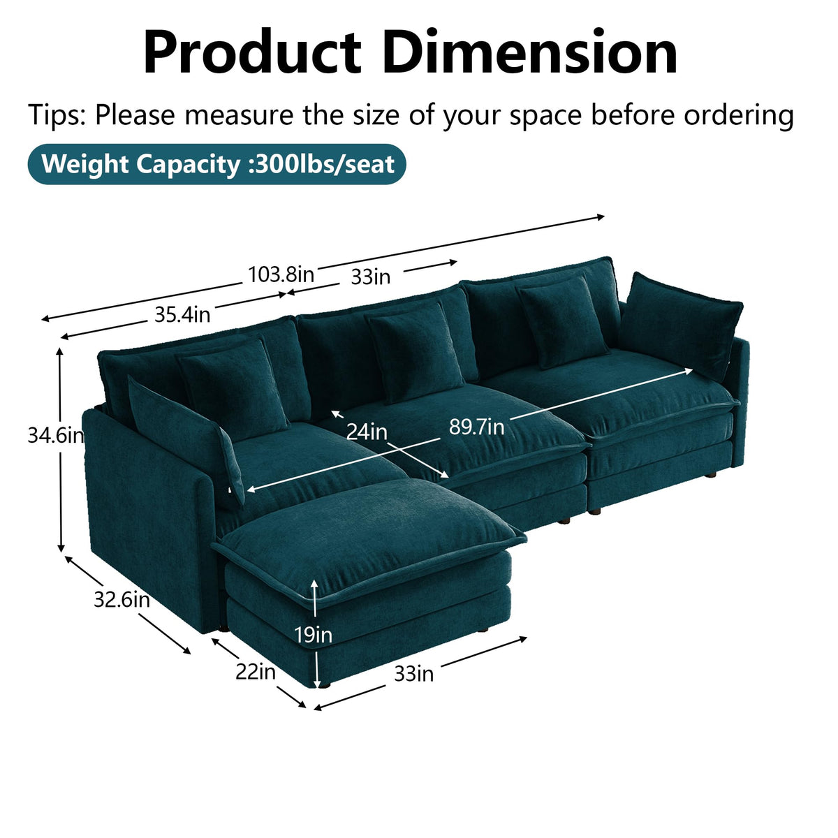 103.8" L-Shaped Sectional Sofa, Modular Chenille Cloud Couch, Deep Seat 4-Seat Sofa for Living Room with Ottoman & Pillow, Easy Assembly, Blue