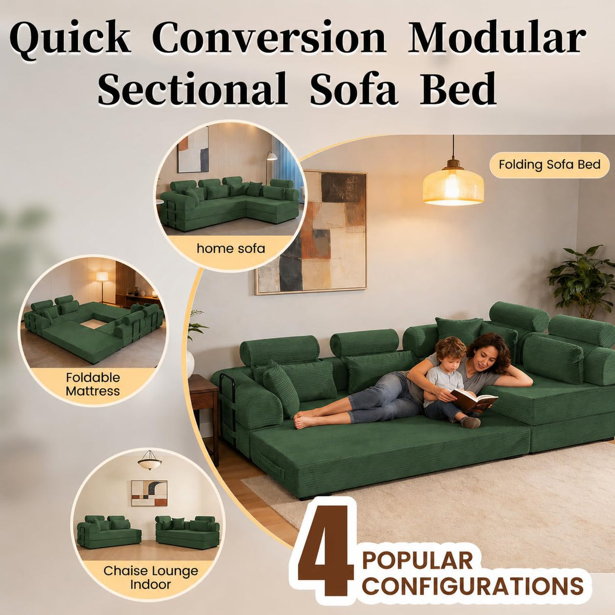 106" Convertible Sleeper Sectional Sofa Bed, 4-in-1 Corduroy Boneless Couch with Fixed-Shape Frame, Modular L-Shaped Sofa with Pillows, Fold Out Floor Sofa for Living Room Apartment (Dark green)