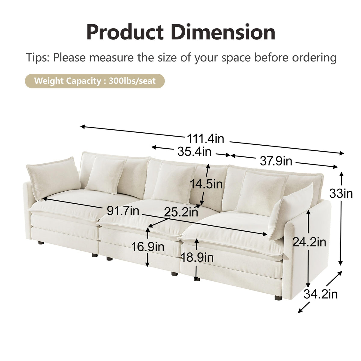 White Modular Sectional Sofa 3-Piece Set, Modern Deep Seat Chenille Couch, Loveseat, Single Sofa, Oversized Modular Couch for Living Room