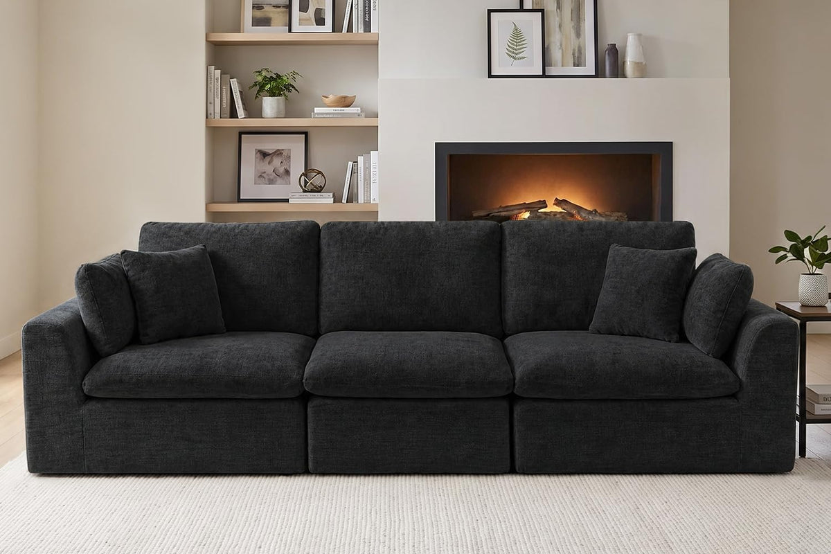 127" Cloud Sofa, U-Shape 3-Seater Modular Couch with 2 Ottomans, Black
