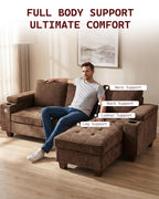100" L Shaped Sectional Sofa with Hidden Armrest Storage, USB & Type-C Charging Ports, 4-Position Adjustable Armrests, Built-in Cup Holders, Upholstered Couch for Living Room, Brown