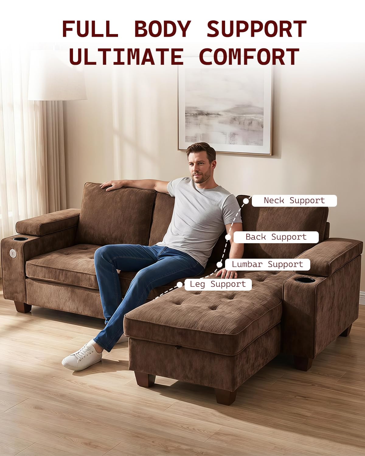100" L Shaped Sectional Sofa with Hidden Armrest Storage, USB & Type-C Charging Ports, 4-Position Adjustable Armrests, Built-in Cup Holders, Upholstered Couch for Living Room, Brown