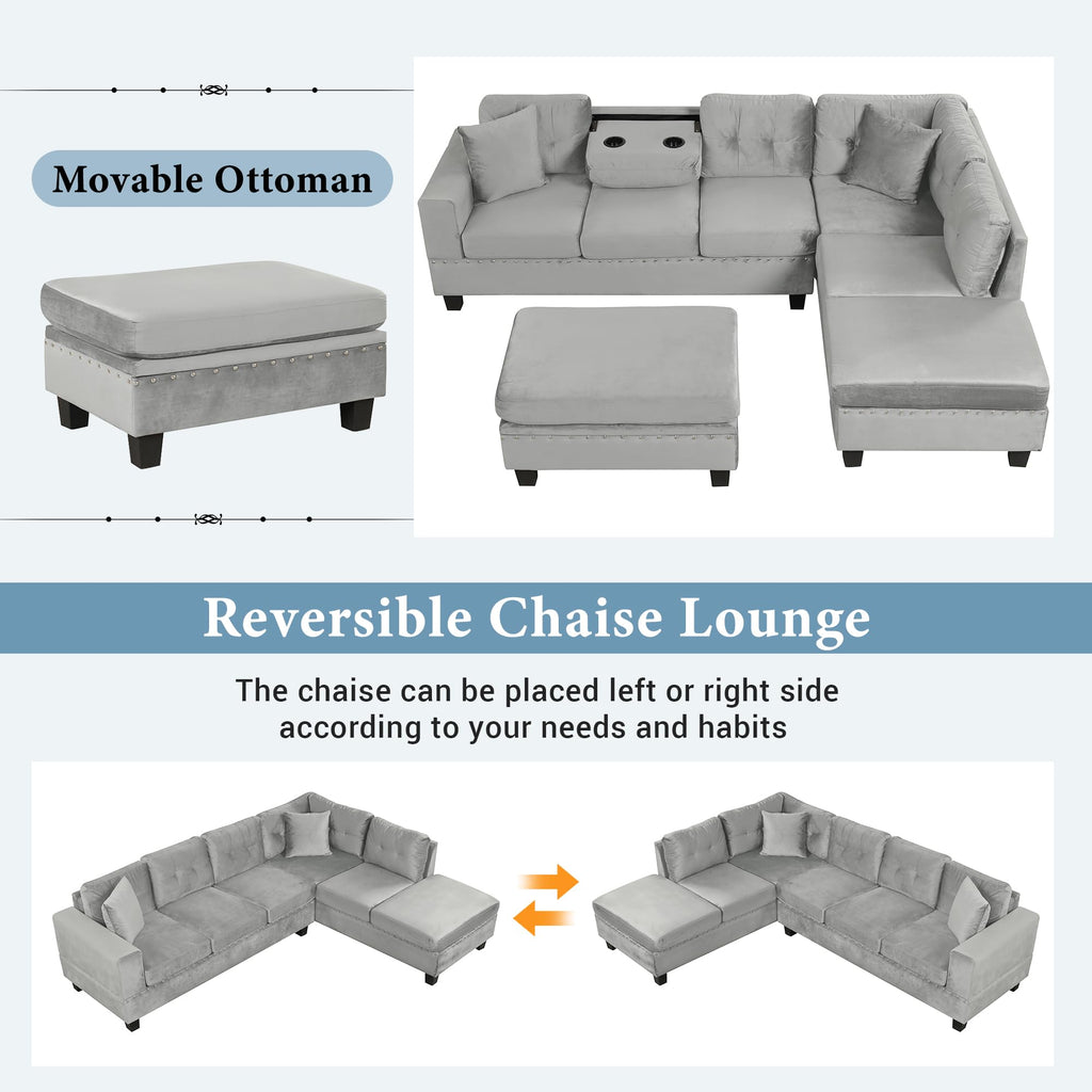 Velvet Sectional Sofa with Storage Ottoman Reversible Chaise L Shape Couch Modern Upholstered Sofa with Rivet Trim Pocket Spring Cushions Living Room Furniture 105.1" D 75.2" W, Gray