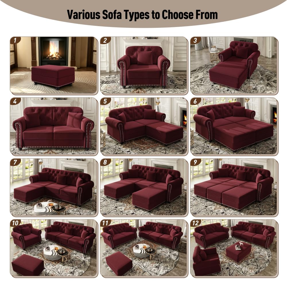 ZOEDO Upholstered Velvet Sofa with Nailhead Trim and Rolled Armrests,Mid-Century Modern Chesterfield Sofa with Button Tufted,Includes 1 Ottoman,Burgundy