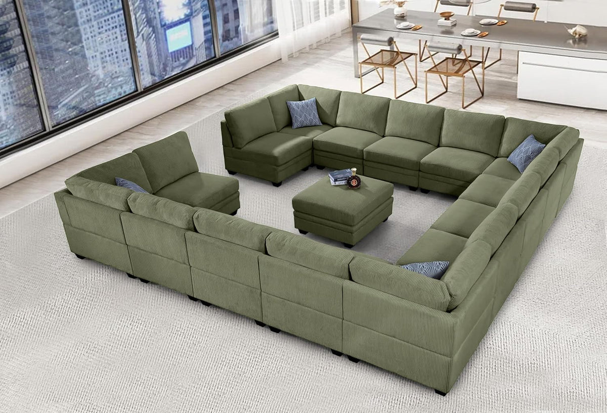 Wanderwell Oversized Modular Sectional Sofa, 6-Seater U Shaped Couches with Movable Ottoman,Corduroy Sectional Couch with Wide and Deep Seats Suitable for Living Room,Bedroom,Apartment (Olive, L-7)