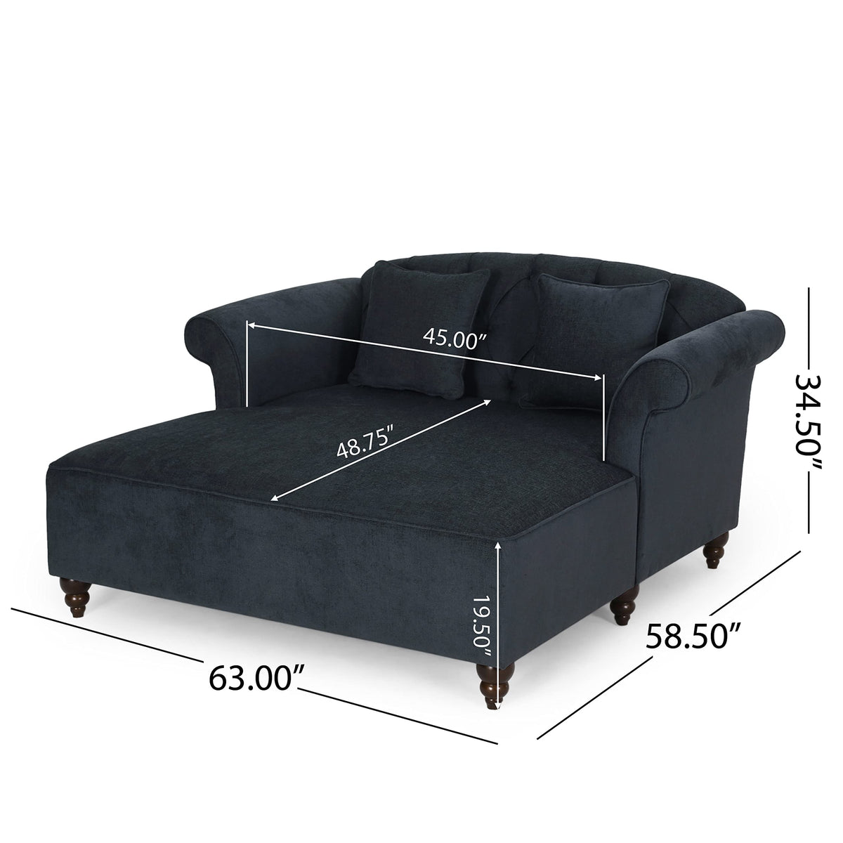 Tidyard Love Seat Chaise Lounge with Button Tufting and Diamond Stitching, 58.? D x 6? W x 34.? H, Polyester Fabric with Birch Wood Legs, Includes 2 Accent Pillows