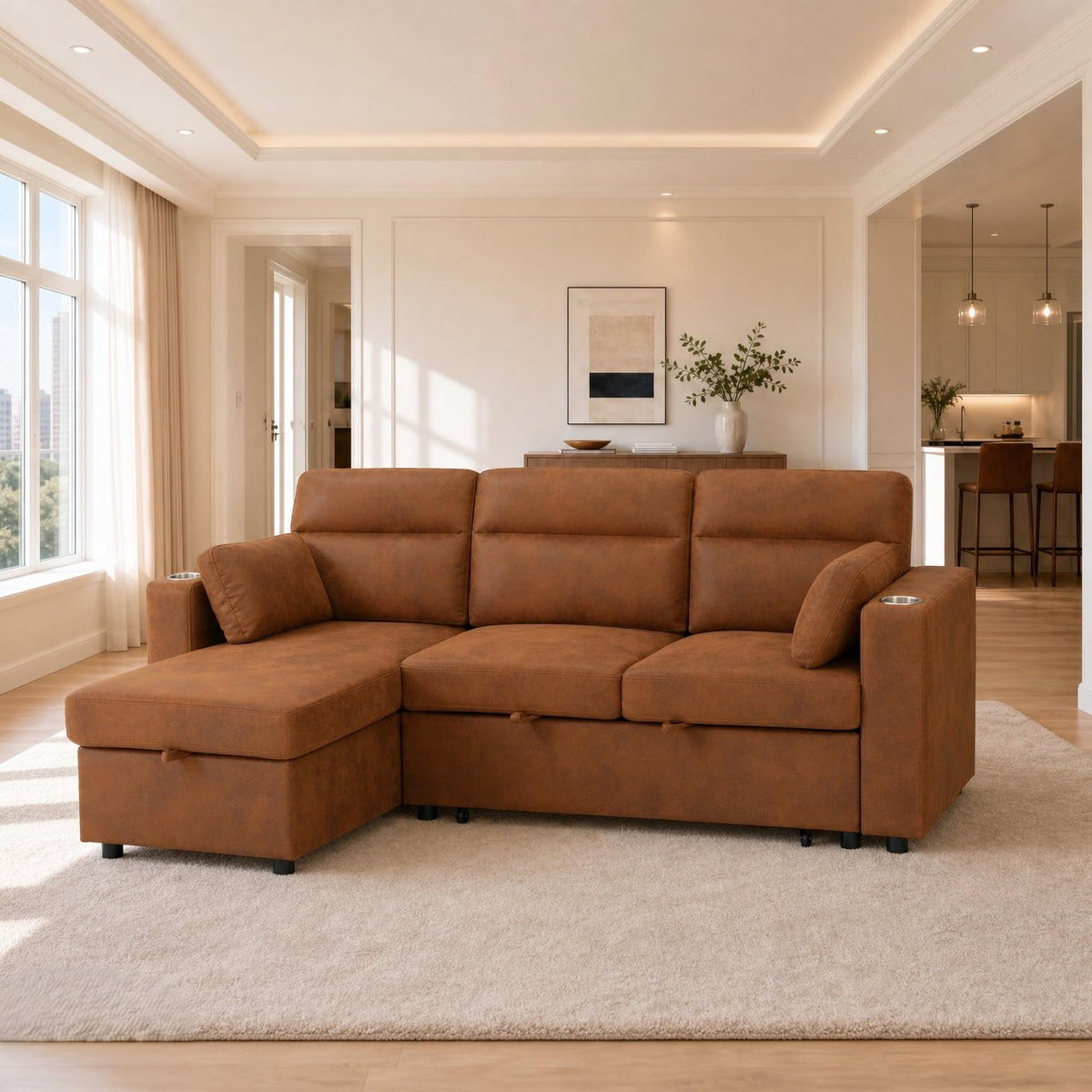 U-Shaped Sofa, Dual Chaise Sectional, 104 Inch, Camel