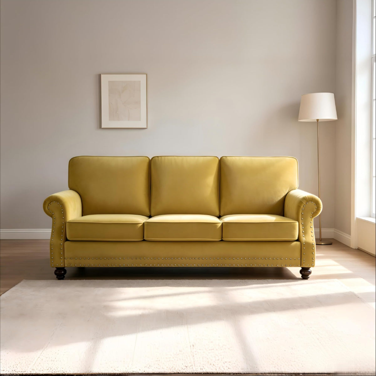 Velvet Sofa Seating with Rolled Arms and Nailhead Trim, Upholstered Living Room Couch, Loveseat or Accent Armchair with Loose Back Cushions, High Density Foam Seats (Green,Couch)