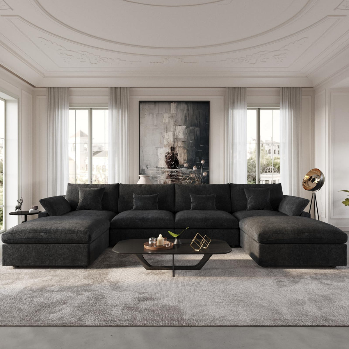WJShome Cloud Modular Sectional Sofa with 2 Storage Ottomans,160.6" Down Filled U Shaped Sofa Couch for Living Room,6 Seater Minimalist Wide Deep Seat Convertible Couches for Office Apartment,Black