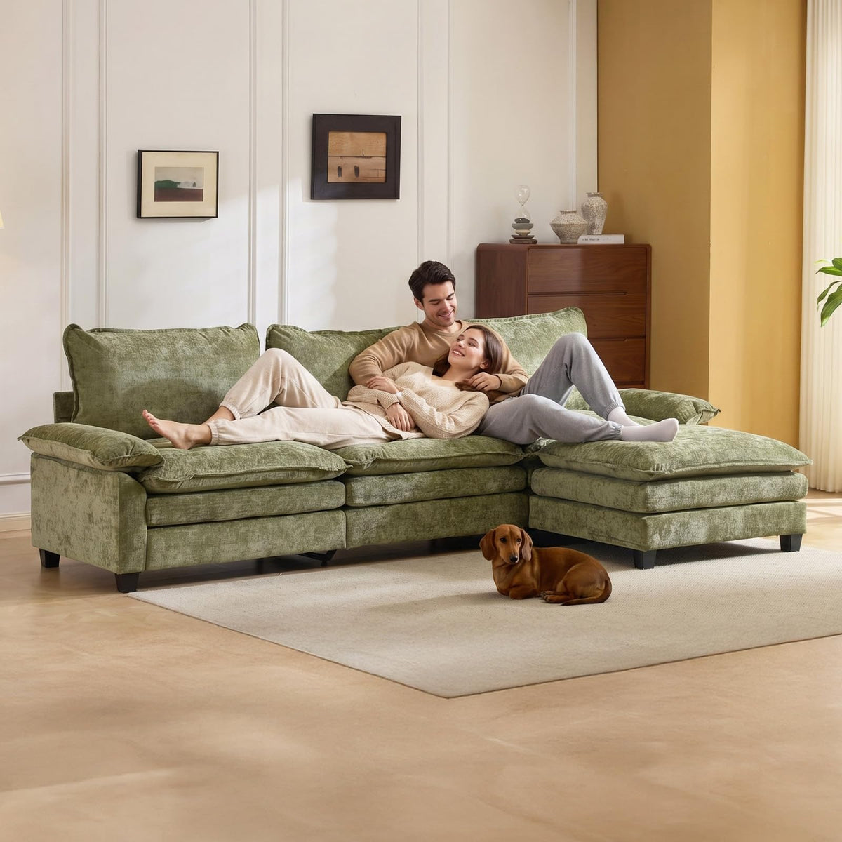 VINGLI 122" Chenille Double Layer Sofa Couch with 1 Ottoman, L-Shaped Sectional Cloud Couch for Small Spaces, Modern 3-Seater Sofa Set for Living Room & Apartment, Olive Green