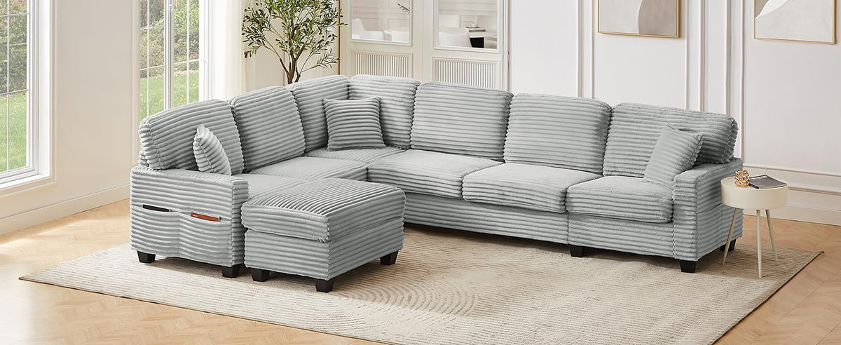 Tidyard Sectional Sofa U-Shaped 125.? L-Shaped Couch with Movable Ottoman & Side Storage Pockets, Grey Corduroy Upholstered Living Room Sofa