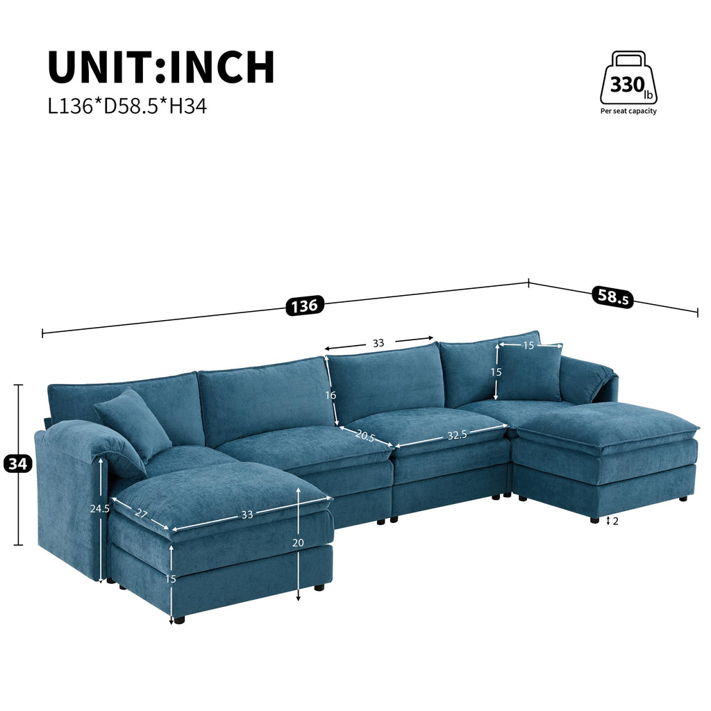 [NEW SKU of N723S1687C] 136" Chenille Modular Sectional Sofa with Deep and Wide Seat, U-Shaped Cloud Couch Set with Double Cushions, 6 Seat Sofa with Movable Ottoman, Oversized Indoor Furniture Enhan